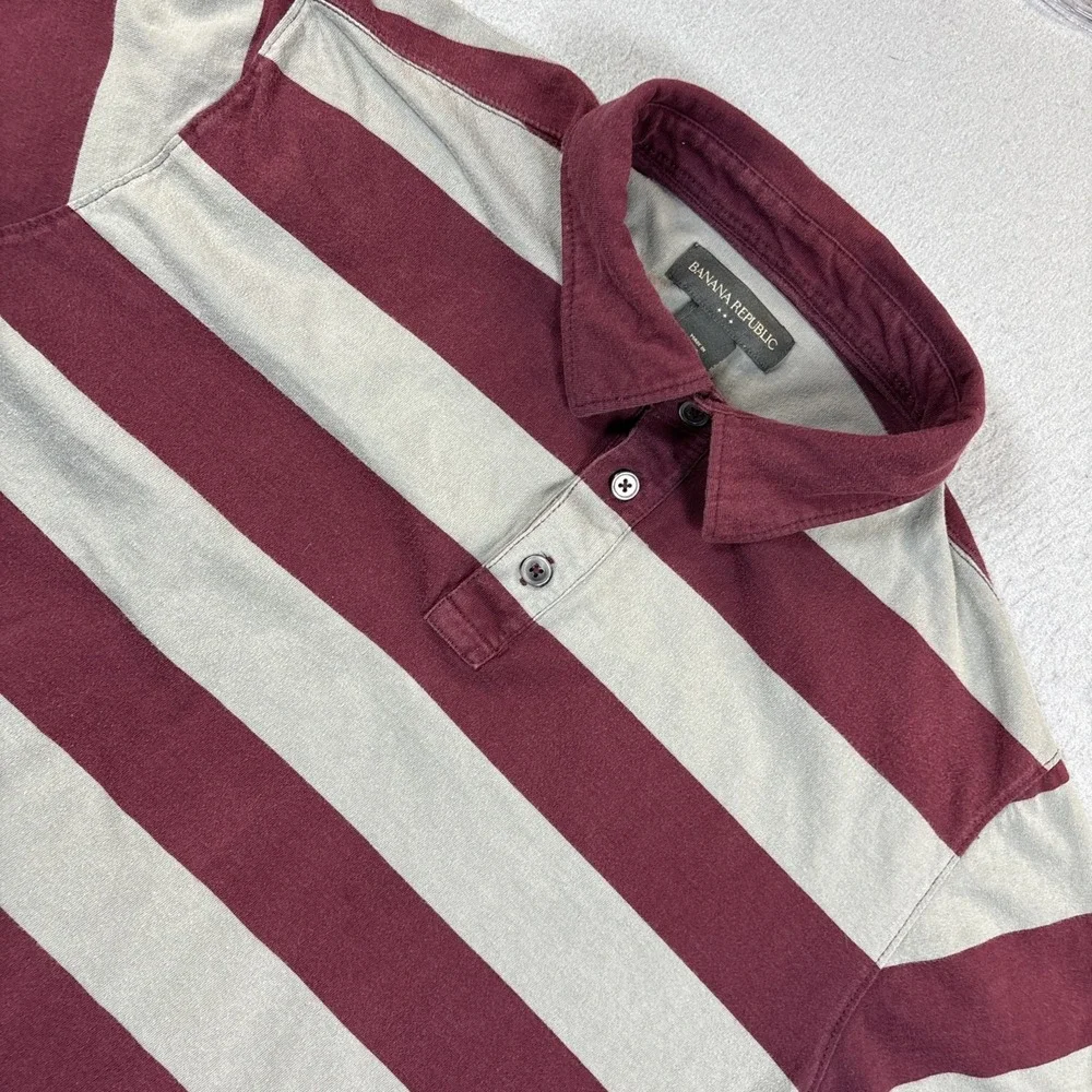 Banana Republic Short Sleeve Polo Rugby Mens Maroon Striped Sz Med Casual Cotton